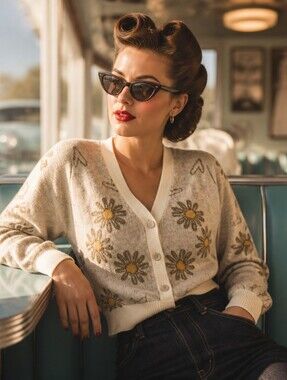 Cream Floral Daisy V-Neck Button Cardigan